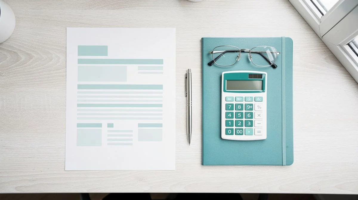 Mortgage disclosure documents, calculator and glasses on a home office desk