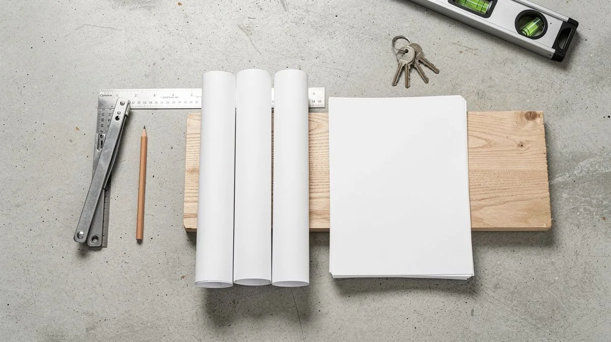 Building plans, specification sheet and folding ruler on a concrete workbench