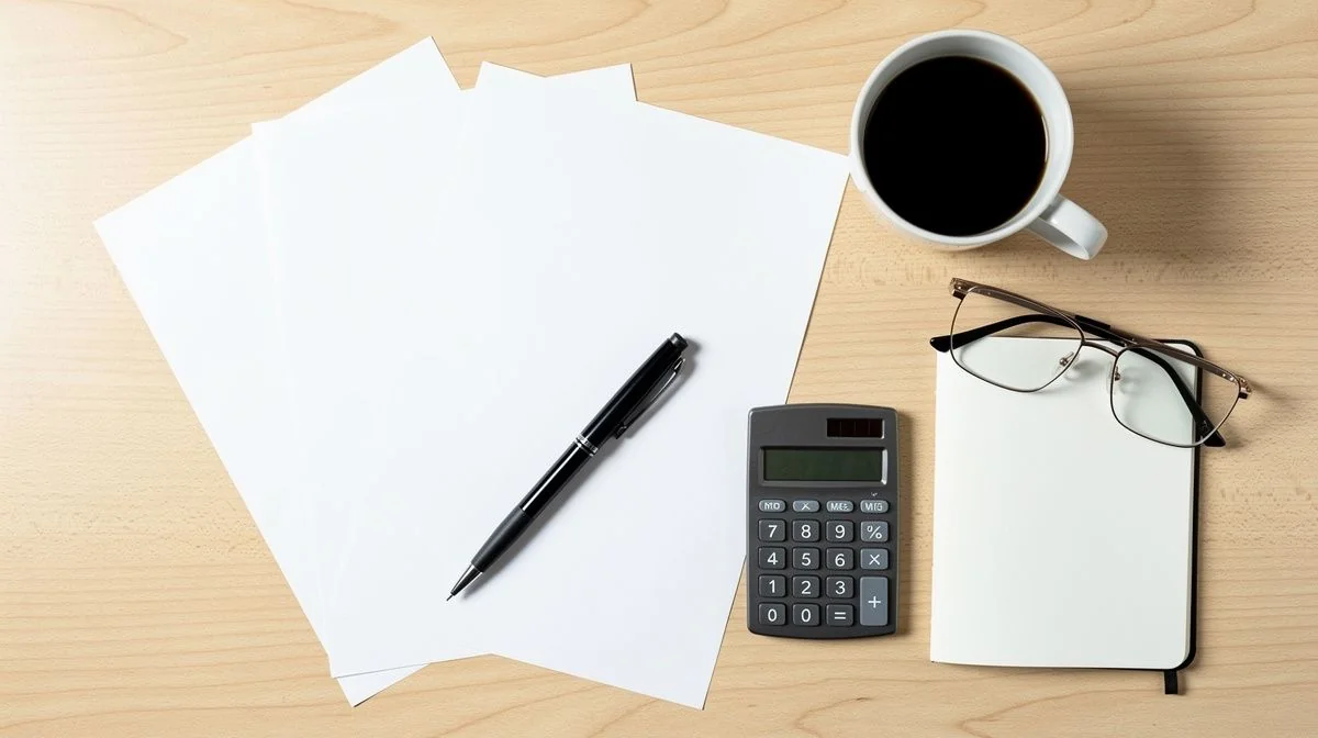 Overhead flat lay of several written trades quotes spread across a timber desk beside a pen, calculator, notebook, reading glasses and a mug of coffee