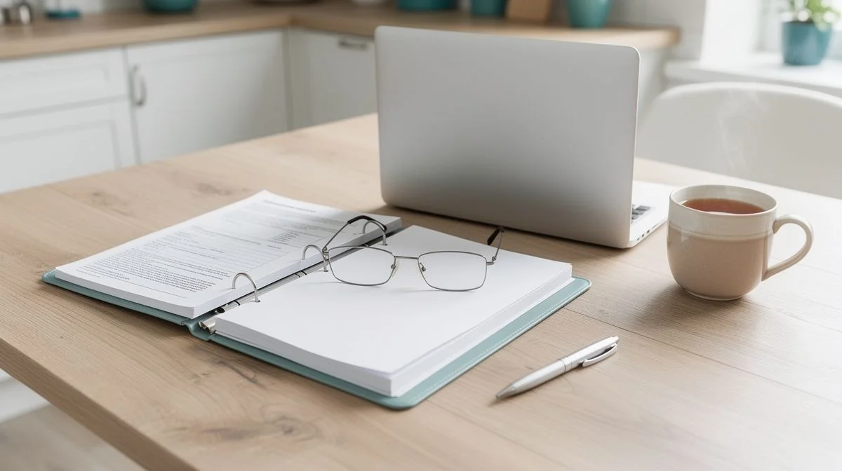 Insurance policy documents, glasses and tea on a wooden kitchen table