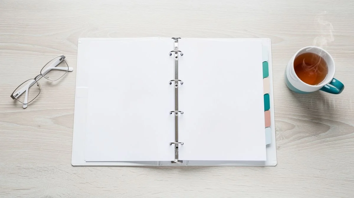 A ring binder with tabbed dividers open on a wooden table beside reading glasses