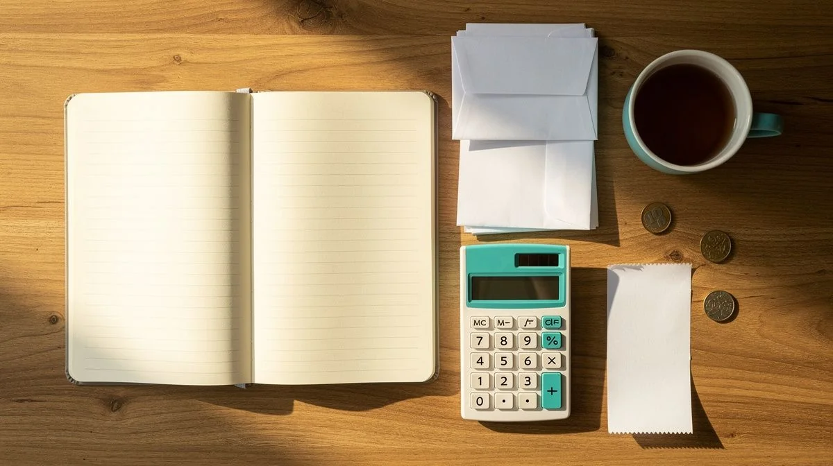 Household bills, notebook and calculator on a sunlit kitchen table