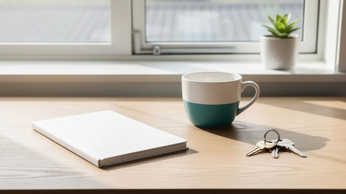 Home desk with notebook, coffee cup and keys in morning light