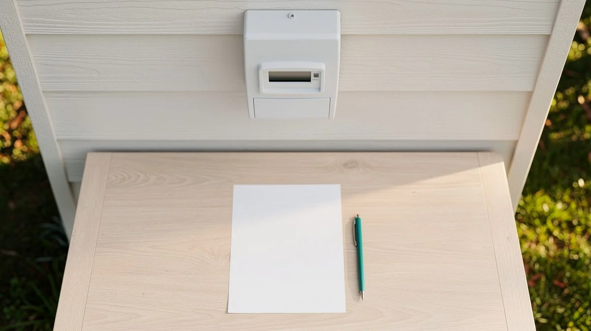 A home electricity meter box above a power bill on an outdoor table