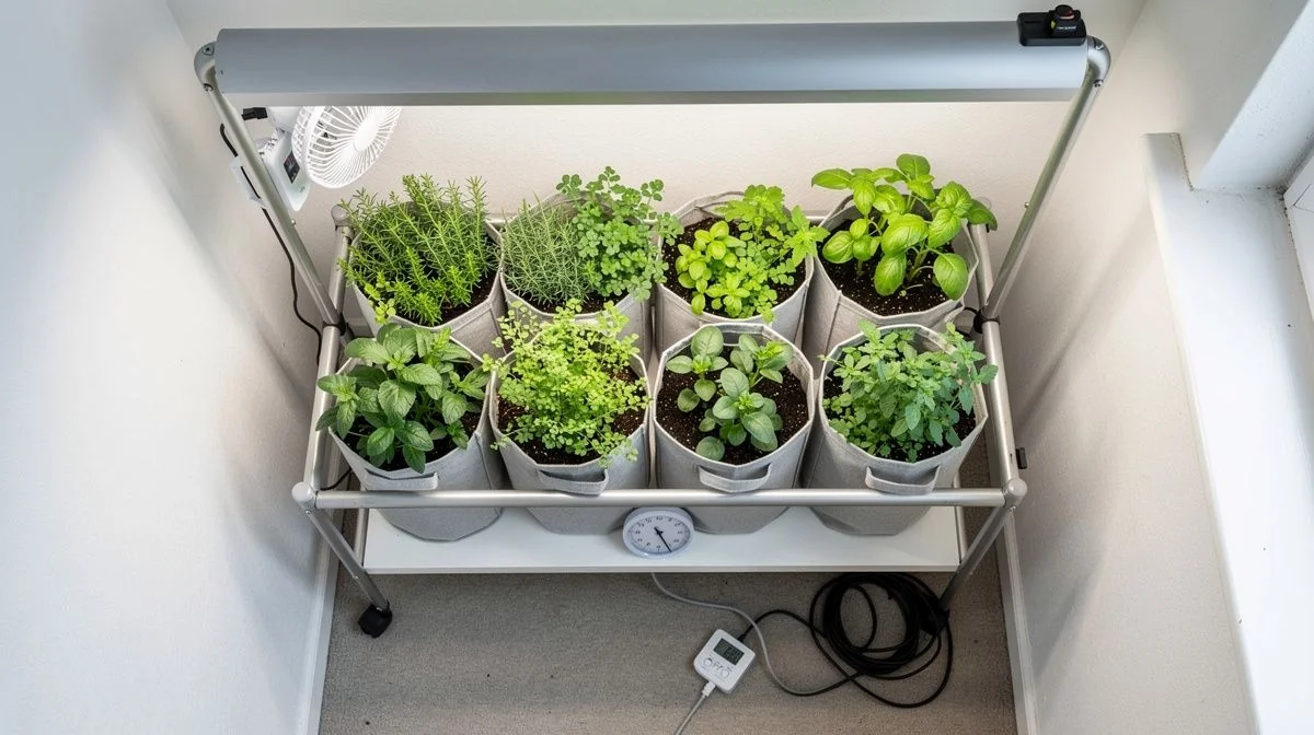 LED grow light above fabric pots of herbs on an indoor shelf