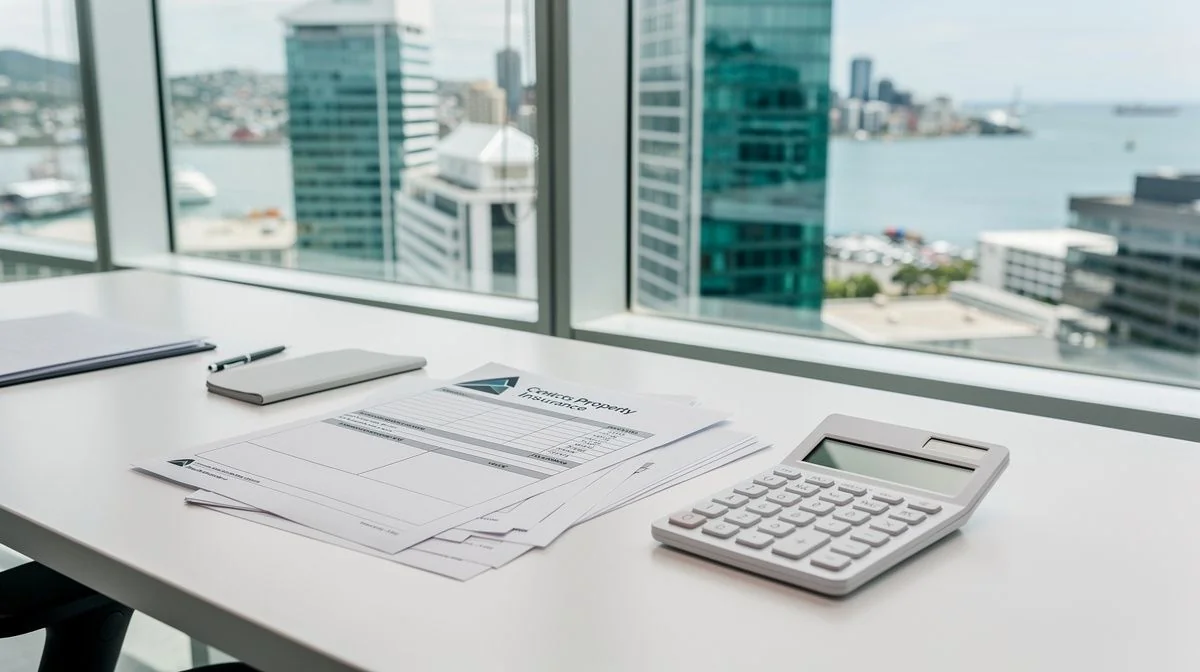 Commercial property insurance documents and a calculator on a desk in an Auckland office with the city skyline beyond the window