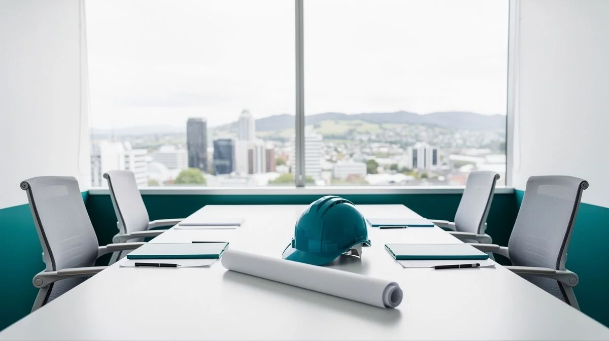 A broker and a builder reviewing contract works and public liability cover in a Christchurch office