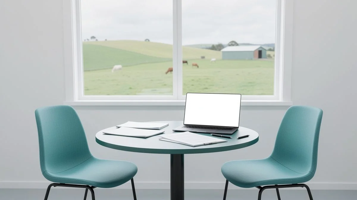 A broker discussing farm and business insurance cover with a rural client near Hamilton