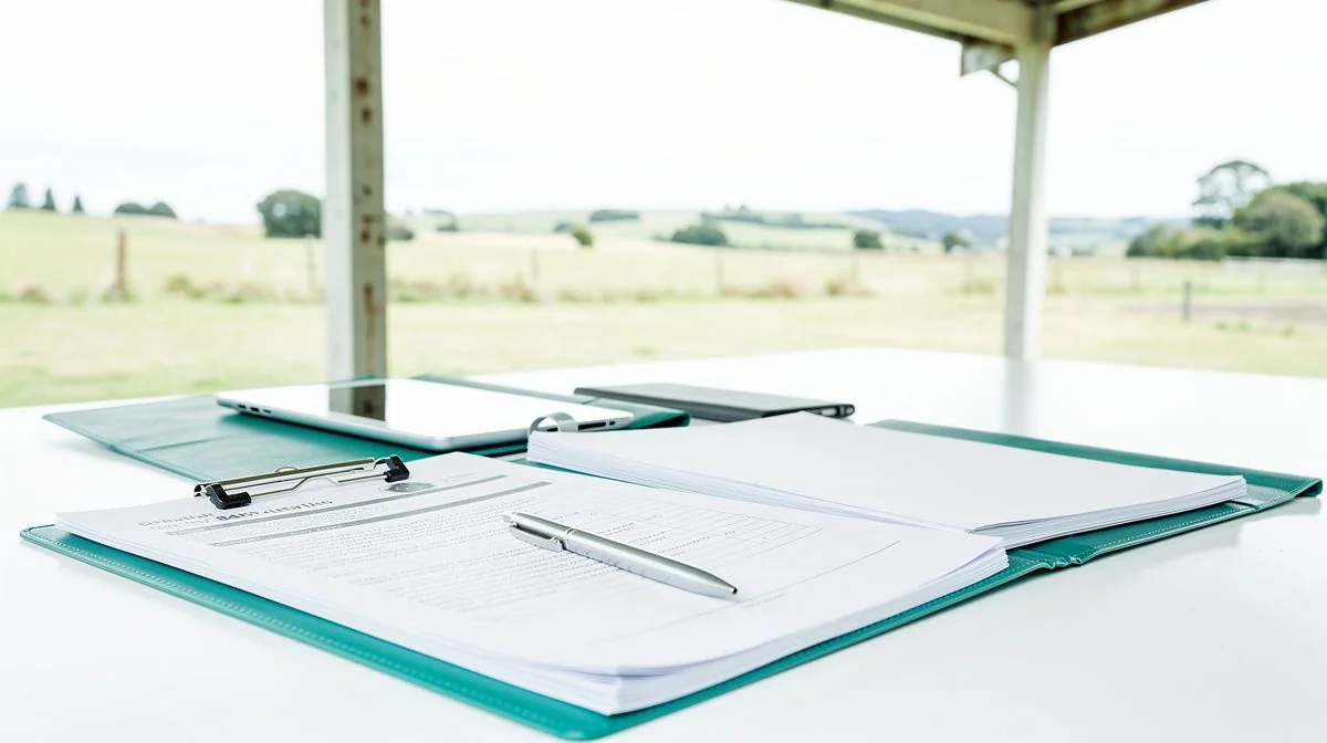 Agribusiness insurance paperwork on a table beside a farm shed with the Manawatu plains beyond