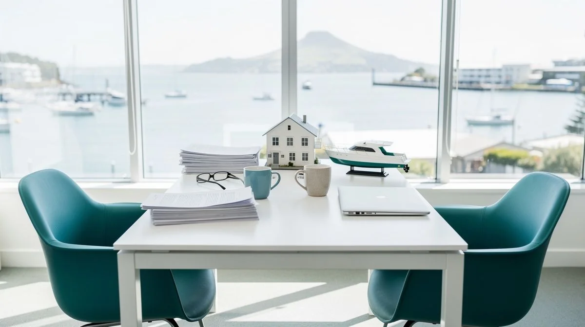 A broker reviewing coastal home and boat insurance details with an older client in Tauranga