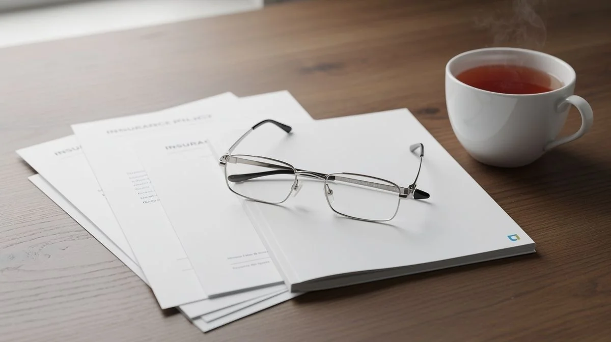 Insurance policy booklet and quote documents on a desk with reading glasses and a cup of tea beside them