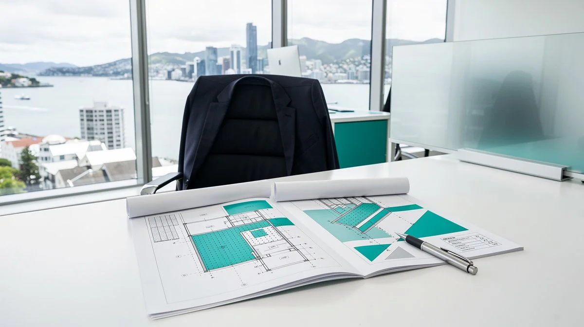 A broker pointing out seismic strengthening details on a commercial building report in a Wellington office