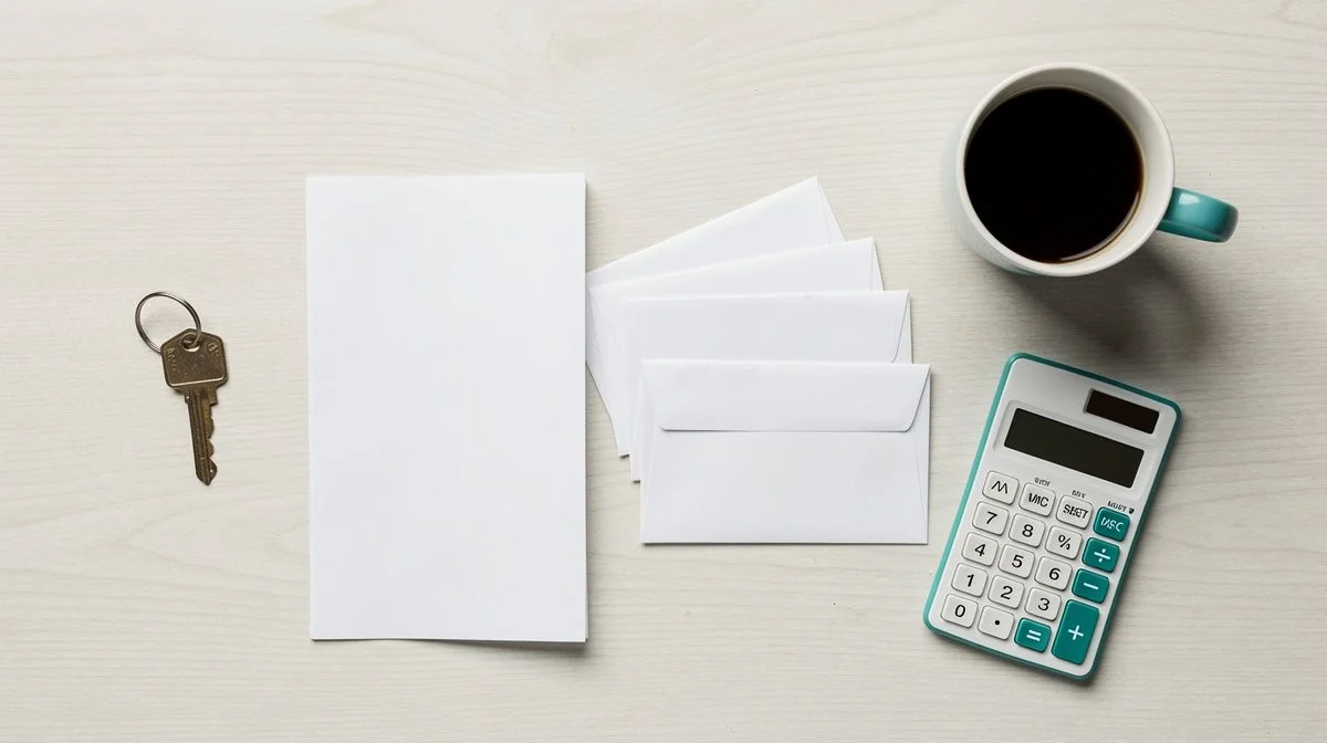 House key, property listing and coffee mug on a sunlit wooden table