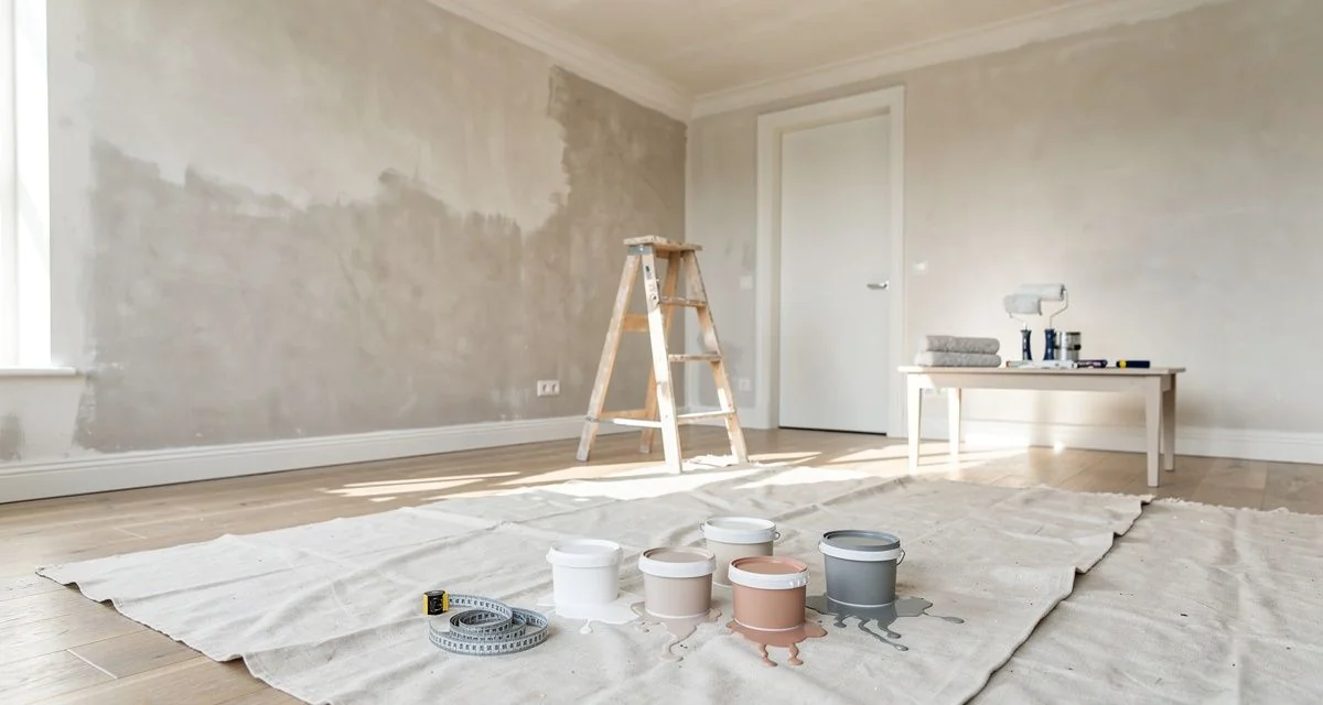 Paint samples and a measuring tape on a drop sheet in a high-ceilinged room being renovated