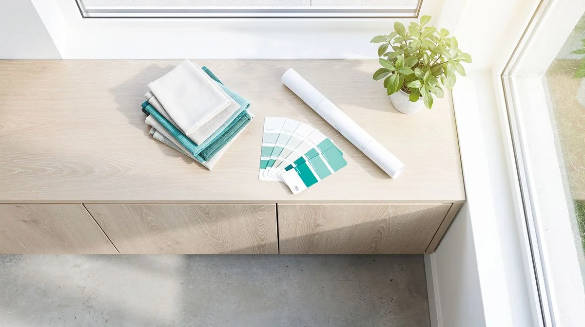 Fabric swatches, paint cards and a rolled drawing on an oak table in a sunlit room