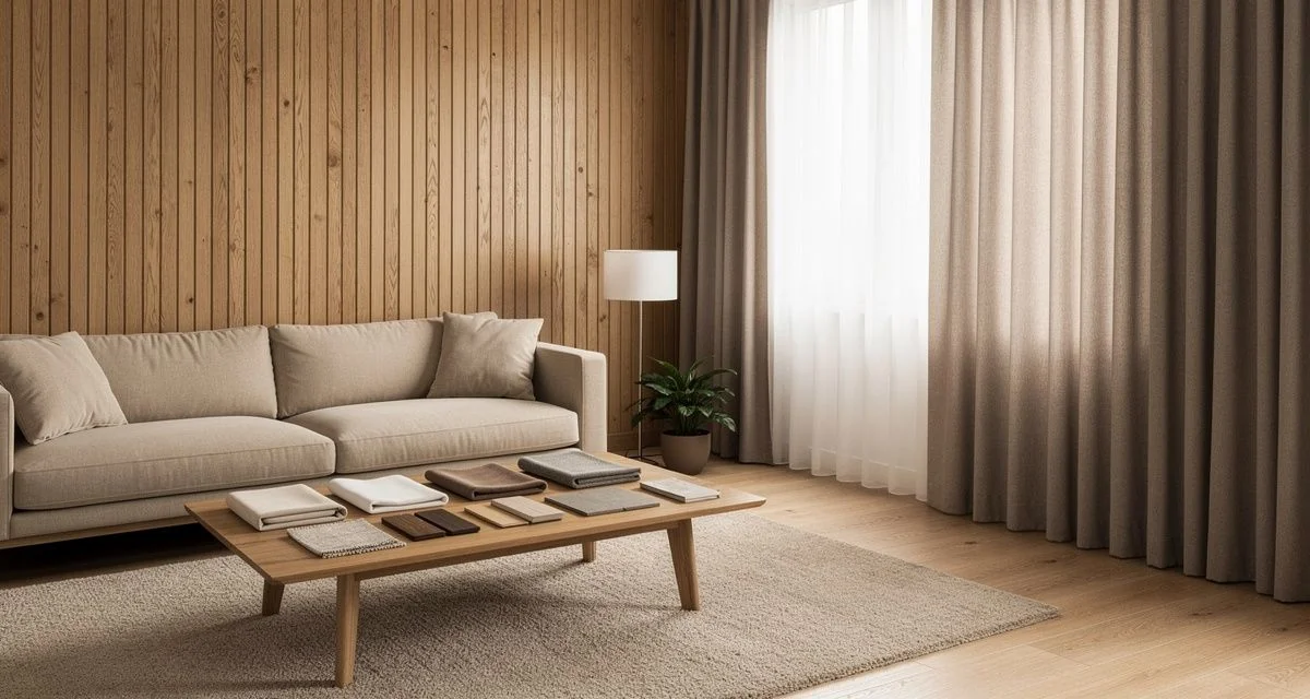 Furnishing samples and thermal curtain fabric beside a large window in a timber-panelled room