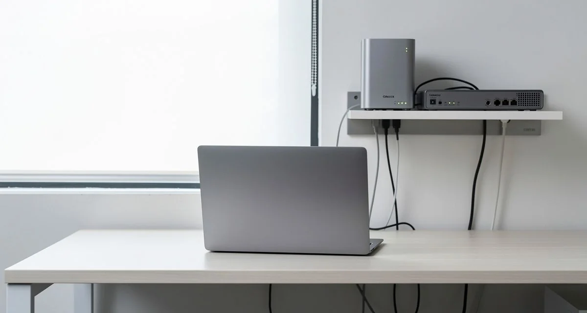 Small office desk with a laptop, network switch and labelled backup drive