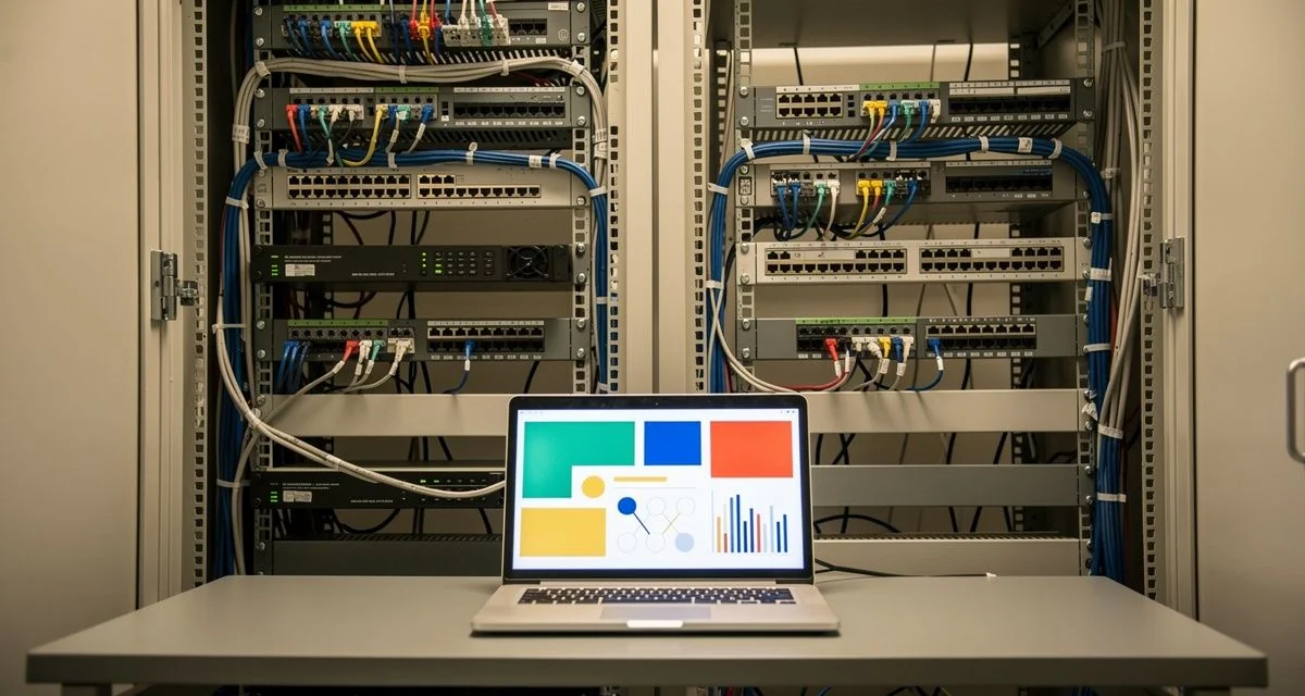 Small business server rack with labelled patch leads and a laptop on a bench