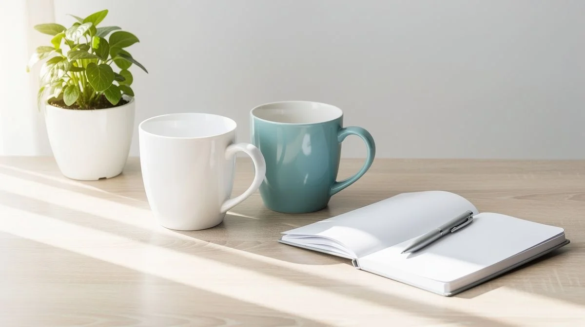 Two mugs and a notebook on a wooden kitchen table in morning light