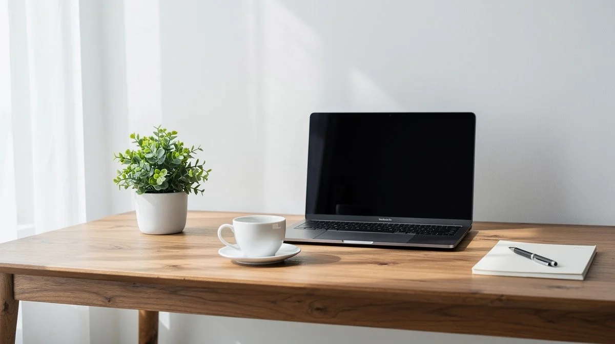 Home office desk with laptop, notebook and coffee cup in morning light