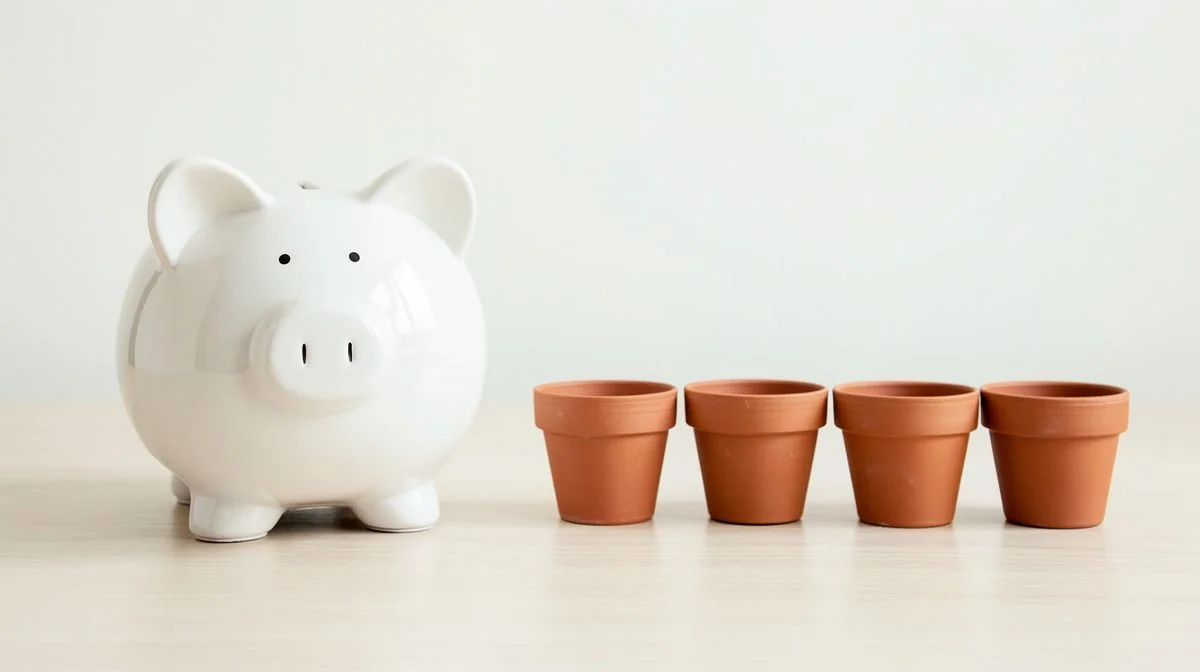 A white piggy bank beside a row of small terracotta pots on a table