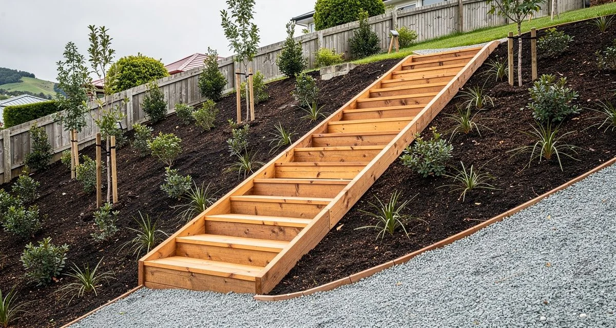 Timber steps and native plantings on a steep Dunedin section with a gravel path