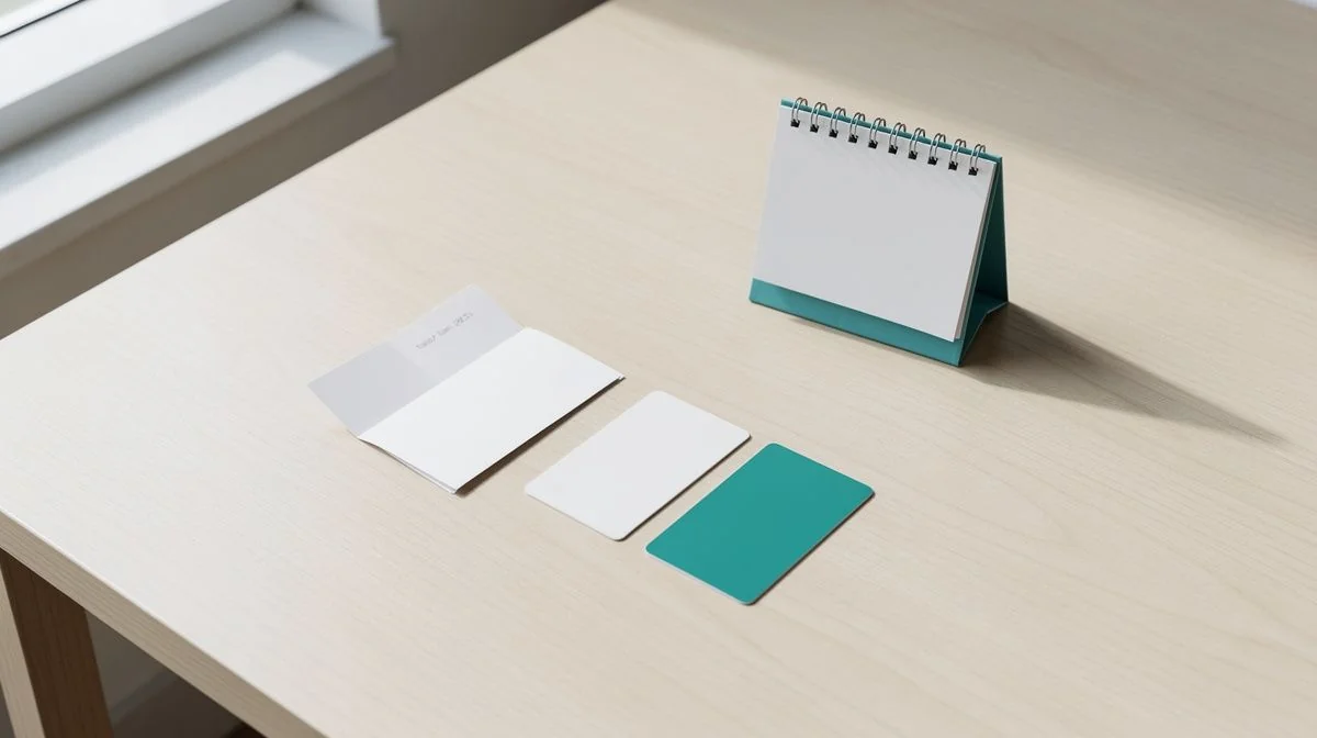 Two payment cards and a paper statement on a wooden desk beside a calendar
