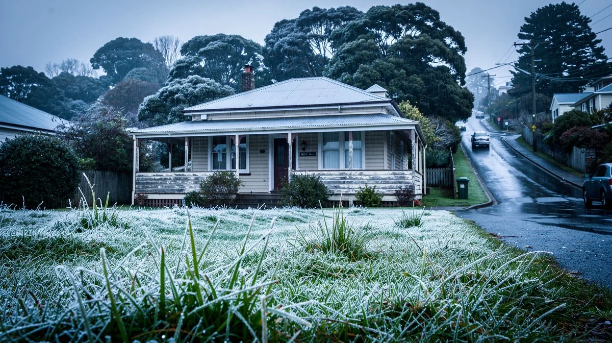 Damp mown lawn in front of an older Dunedin villa with cold green trees behind