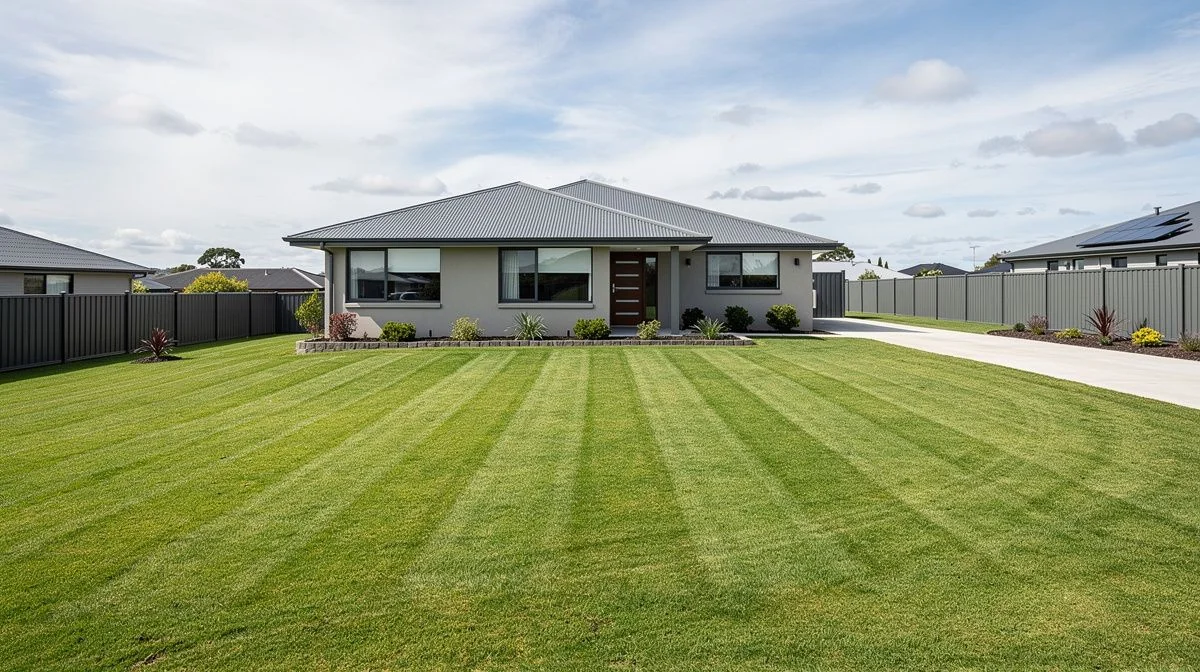 Wide flat mown lawn on a suburban Palmerston North section with clear mower lines