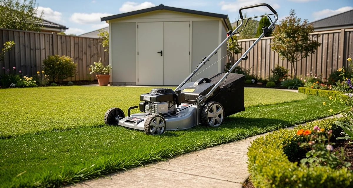 Lawn mower on a freshly cut Christchurch lawn with trimmed edges