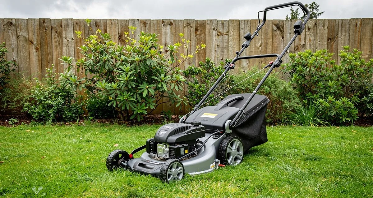 Lawn mower on a fast-growing Rotorua lawn beside a timber fence