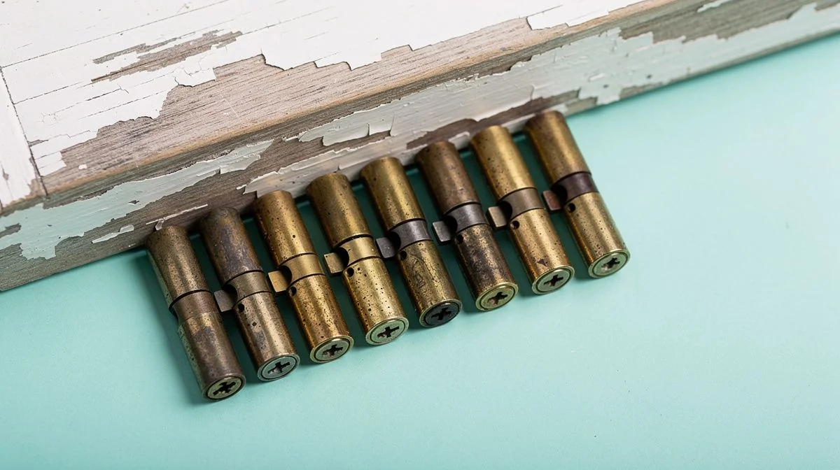 A row of worn brass mortice lock cylinders laid out beside a chipped timber door edge