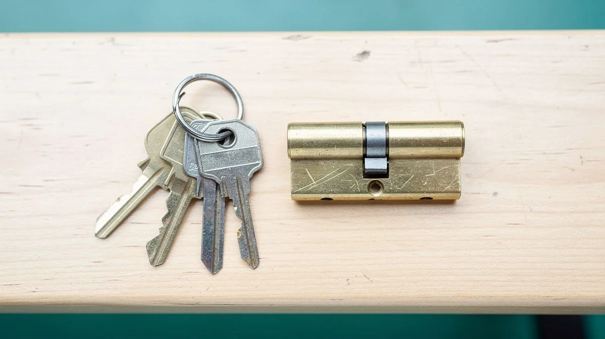 A set of worn house keys on a ring beside a scratched brass lock cylinder on a wooden bench