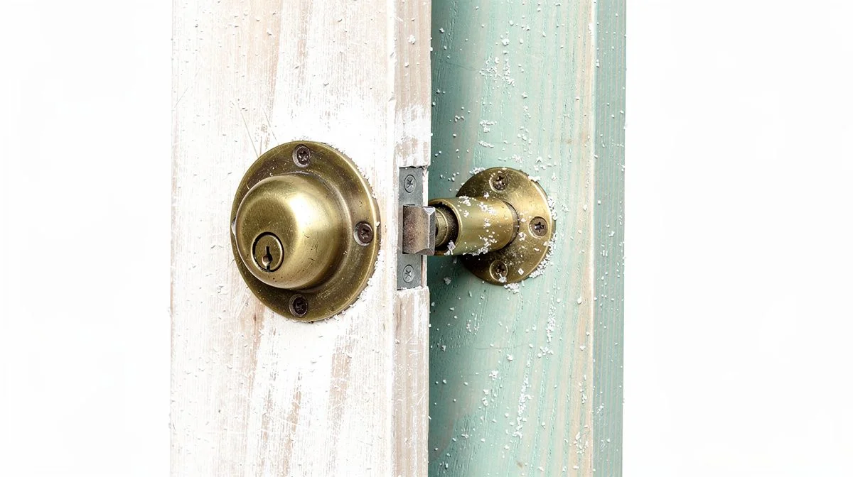 A weathered brass door lock and salt-pitted cylinder set into a coastal timber door frame