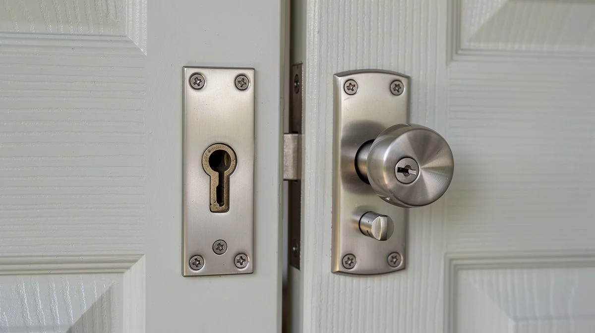 Close view of a mortice lock and deadbolt fitted to a painted timber entrance door