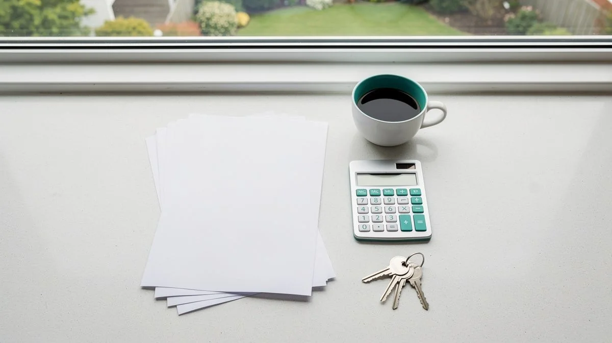 House purchase documents, keys and calculator on a sunny kitchen bench