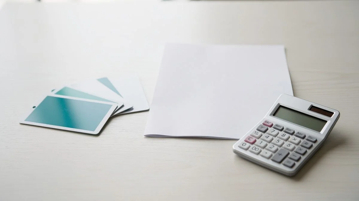 Credit cards and a paper statement arranged on a wooden desk beside a calculator