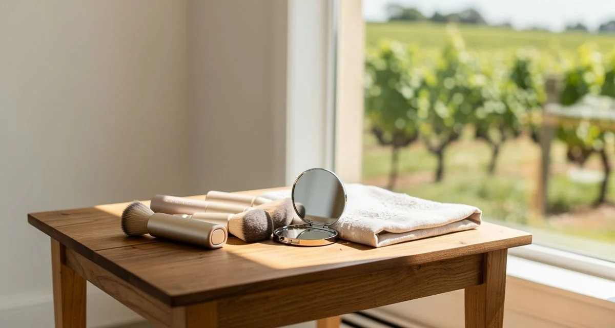 Bridal styling setup on a wooden table with vineyard green outside the window