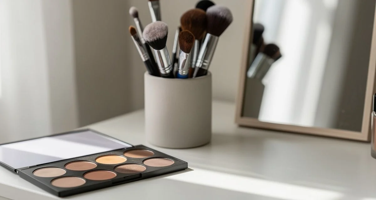 Makeup artist brushes and neutral palette on a workbench in daylight
