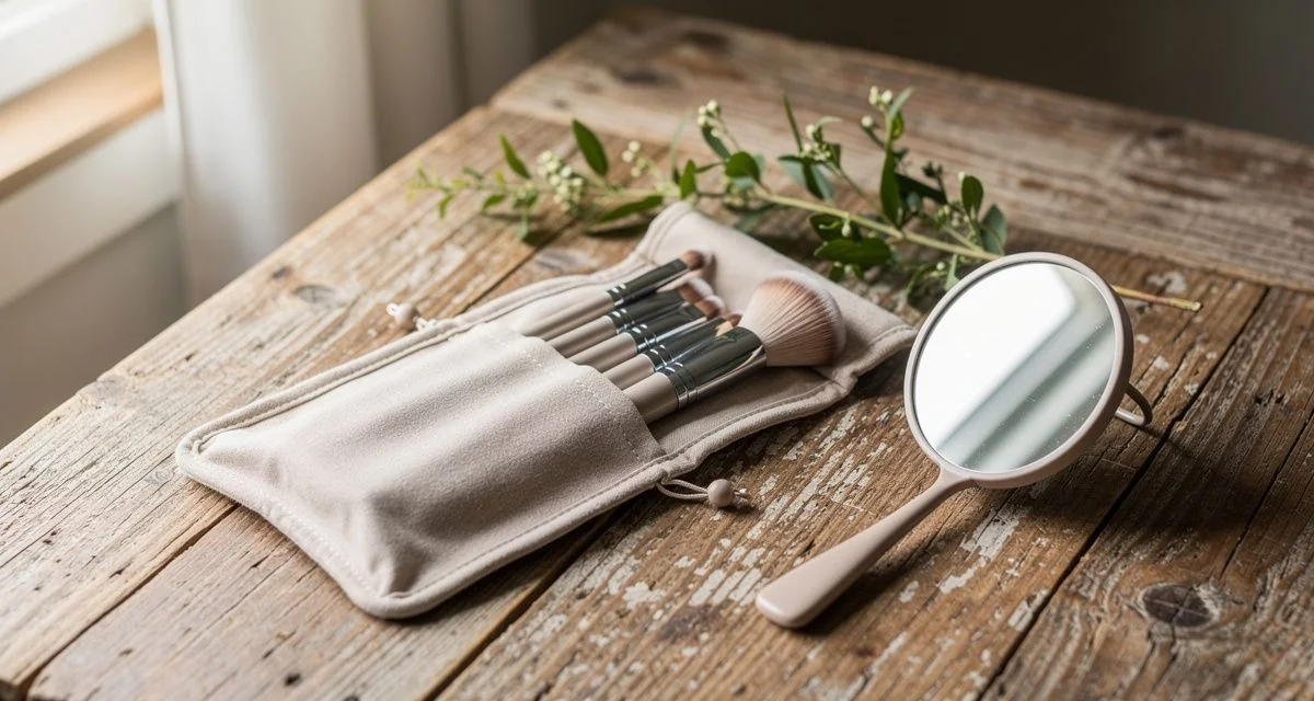 Bridal styling kit laid out on a rustic table in farmhouse light