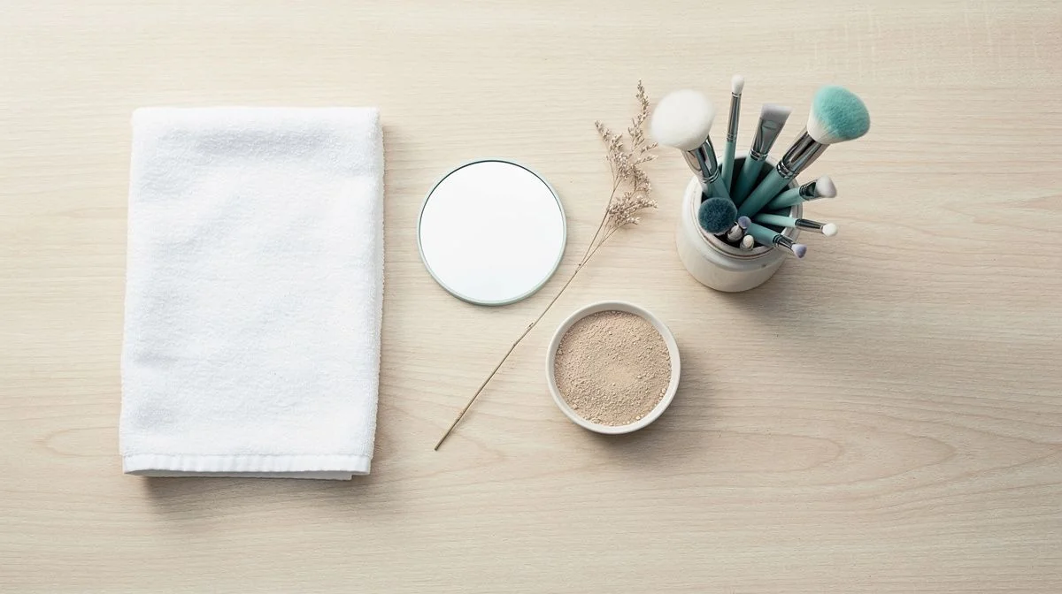 Makeup brushes and a small mirror arranged on a pale wooden dressing table in morning light