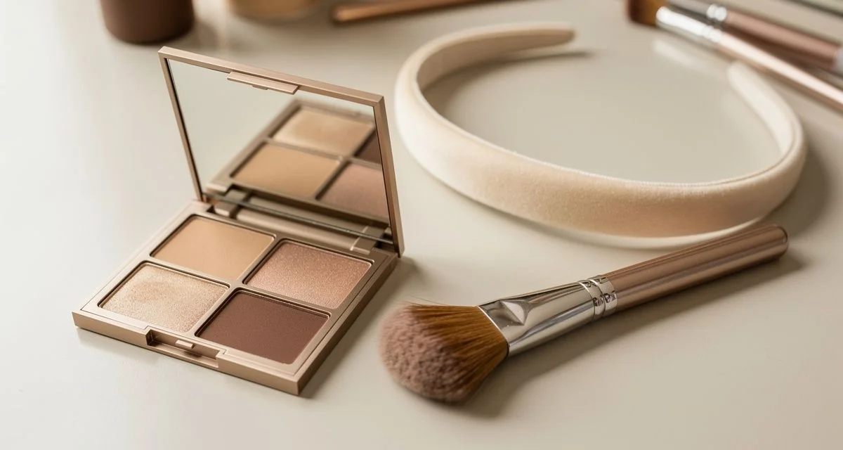 Neutral bridal makeup palette with brush and headband on a light surface
