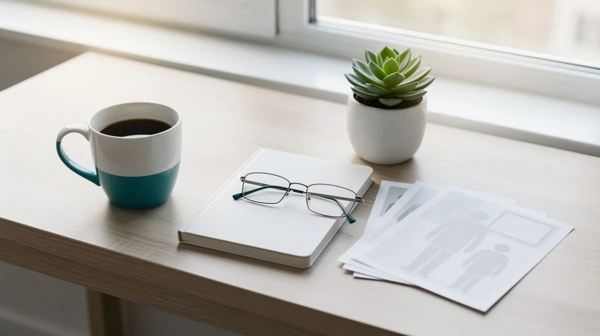 Desk with notebook, glasses, coffee mug and printed pages in morning light