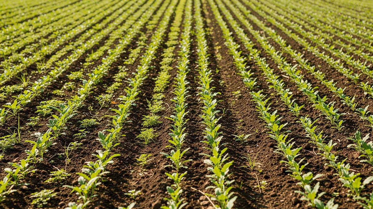 a sunlit garden bed of young green plants in neat even rows