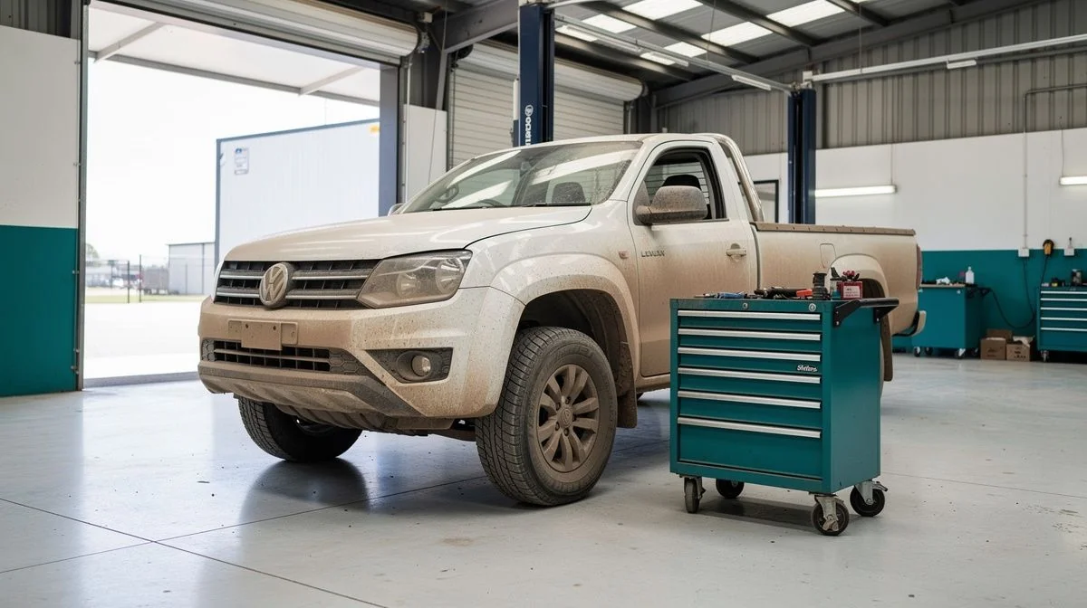 A dusty ute parked in an open workshop bay with a mechanic checking tyre tread beside a rolling tool chest