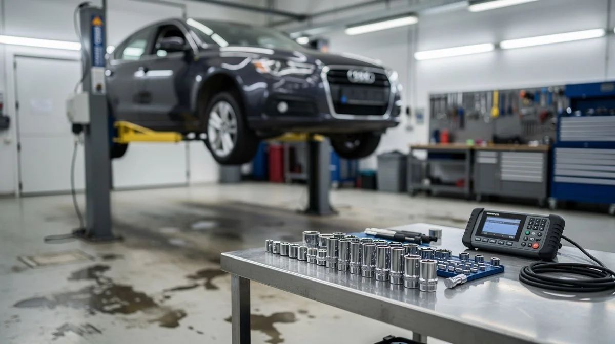 Car raised on a workshop hoist with a tray of sockets and a diagnostic scanner on the bench beside it