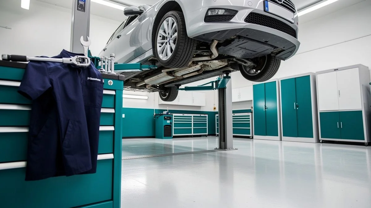 A mechanic in a navy work shirt checking the underside of a car raised on a two-post hoist in a tidy workshop