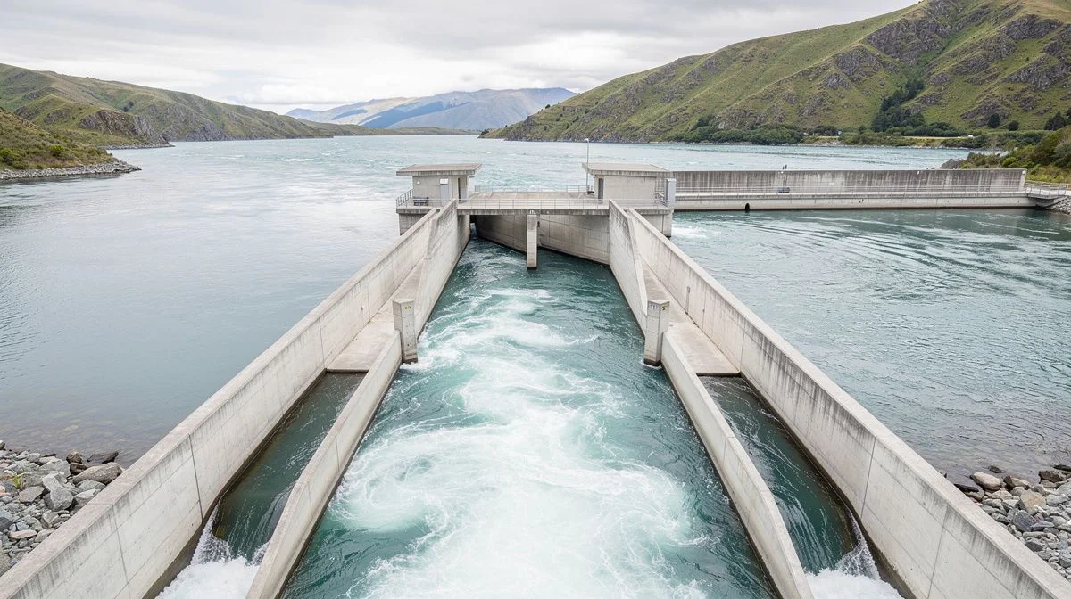 Concrete hydroelectric dam intake with water flowing through the spillway
