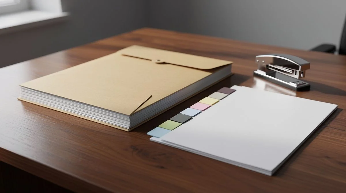 Immigration application forms, a document folder and a set of supporting papers laid out on a desk for review