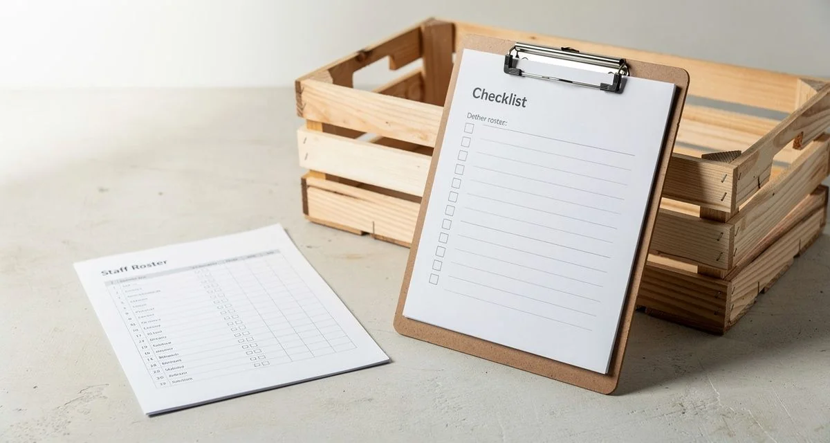 Checklist and staff roster on orchard crates in daylight